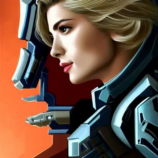 Image similar to A combination of Grace Kelly's and Ada Wong's and Ashley Greene's appearances with blonde hair wearing Forerunner armor from Halo, high tech, action shot, angular, full body portrait, futuristic, dramatic, fantasy, intricate, elegant, highly detailed, artstation, matte, sharp focus, 8K, art by Artgerm and Greg Rutkowski and Alphonse Mucha