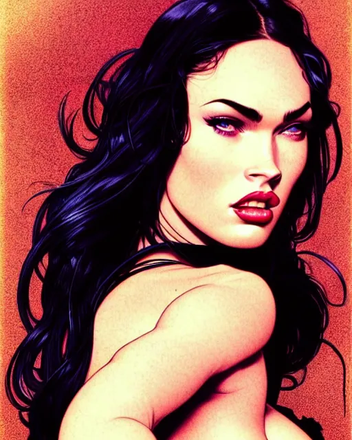 Image similar to low angle closeup beautiful very seductive megan fox retro scifi goddess pinup, action glamour pose, windblown dark hair, hyper detailed, digital art, studio lighting, smooth, ambient lighting, sharp focus, frank miller, wlop, anna dittmann, moebius!, alphonse mucha, patrick nagle!!, rim lighting, synthwave