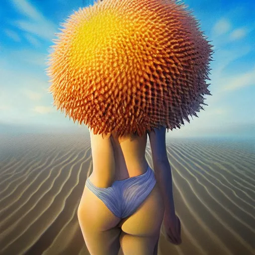 Image similar to closeup giant dahlia flower covering head, a girl walking between dunes, surreal photography, sunrise, blue sky, dramatic light, impressionist painting, digital painting, artstation, simon stalenhag