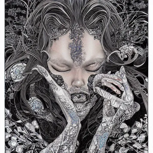 Image similar to life is so beautiful painted in alex grey and james jean style drawn by vania zouravliov and takato yamamoto, inspired by ooioo, intricate wood carving, black and white, 3 d, high detail, sharp high detail, artstation, octane