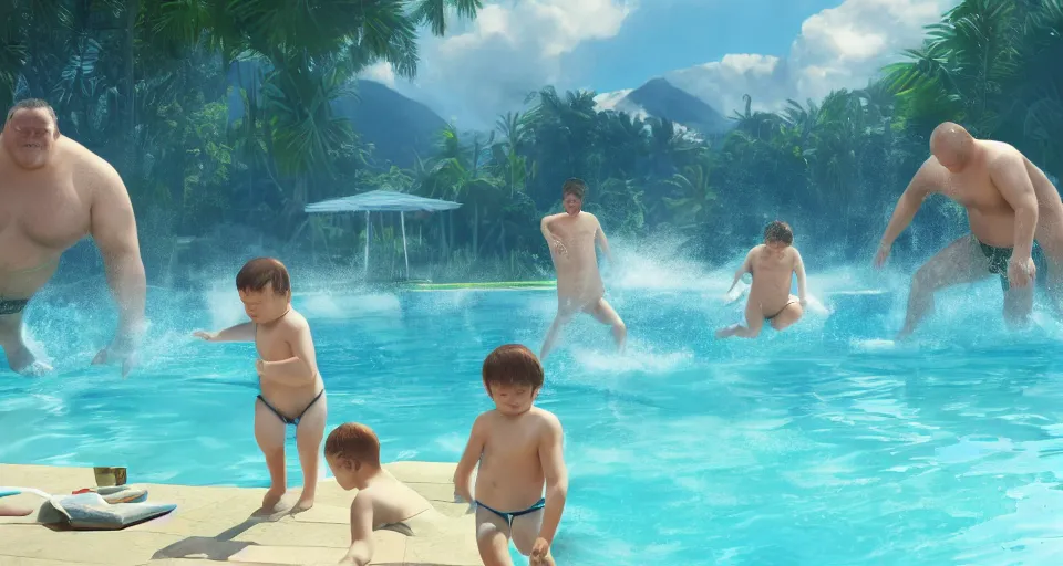 Image similar to digital art painting of exactly three brothers and their slightly overweight father in a swimming pool , unreal 5, DAZ, hyperrealistic, octane render, volumetric clouds dynamic lighting