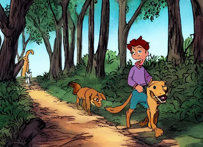 Prompt: A cartoon of a boy and his dog walking down a forest lane, style by don bluth