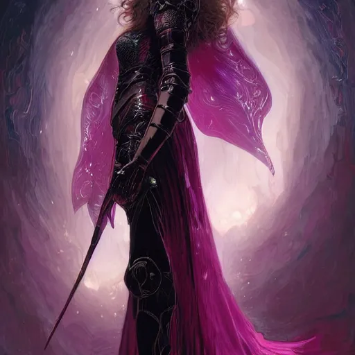 Prompt: masterpiece digital painting of a beautiful woman knight portrait, centered, heavy black obsidian armor, chaotic ruby inlays, large cape, by kev walker and greg rutkowski and mucha and luis royo, atmospheric fog effects background, purple sparkles, artstation, deviantart, closer view, cinematic lights