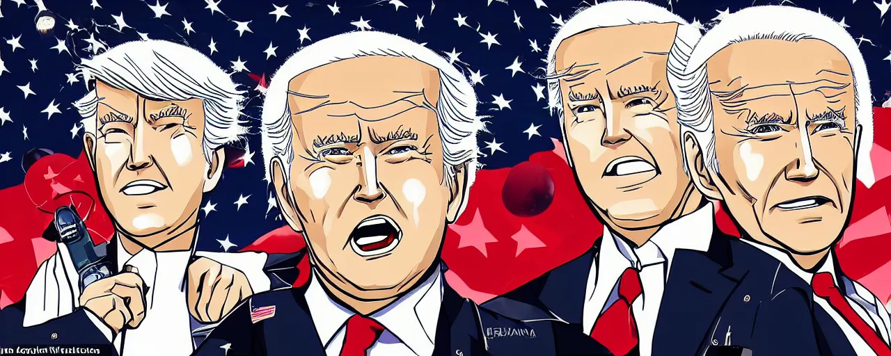 Prompt: detailed american anime depicting donald trump and joe biden androids leaning against a nuclear charger after a battle, beneath their flesh you can see wires and metal through their wounds, both have glowing red eyes, dark brandon rises