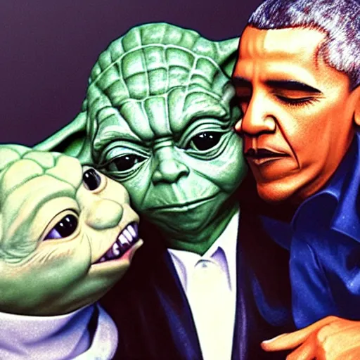 Image similar to Yoda kissing Obama