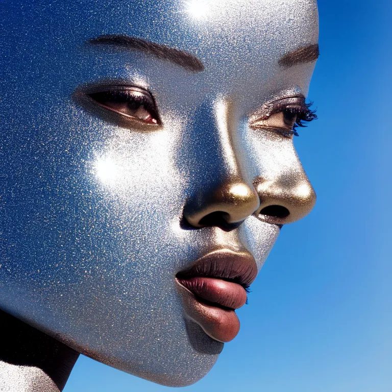 Image similar to portrait of metallic face, african woman, mercury, reflections, smooth liquid metal texture, proud looking, outdoor, nature, blue sky, 8 k, realistic, depth of field, highly detailed, art photography