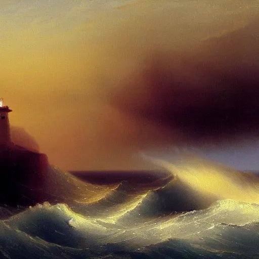 Image similar to painting of a singular lighthouse, shining its light across a tumultuous sea by Aivazovsky, Trending on artstation