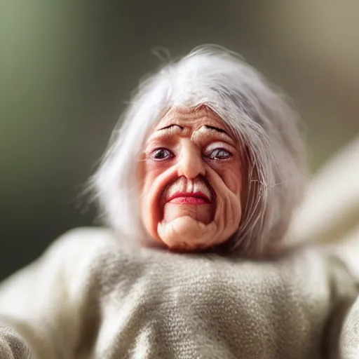 Image similar to miniature realistic very old woman sitting in palm of giant hand, short dof, macro photo, tiltshift, extremely cute, large head, tiny body, hyper realistic, minutely detailed