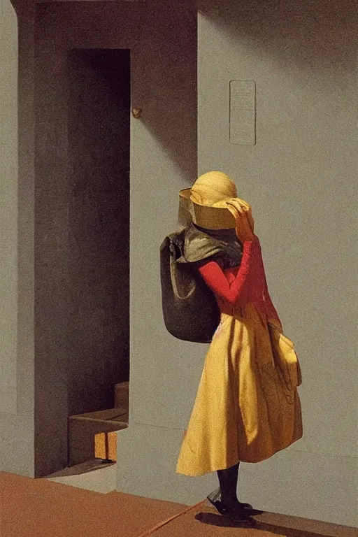 Prompt: a woman wearing a bag through her head Edward Hopper and James Gilleard, Zdzislaw Beksinski highly detailed