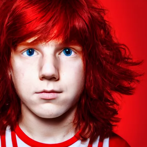 Image similar to a comic - like red haired boy with red eyes and surrounded with a red background with fire