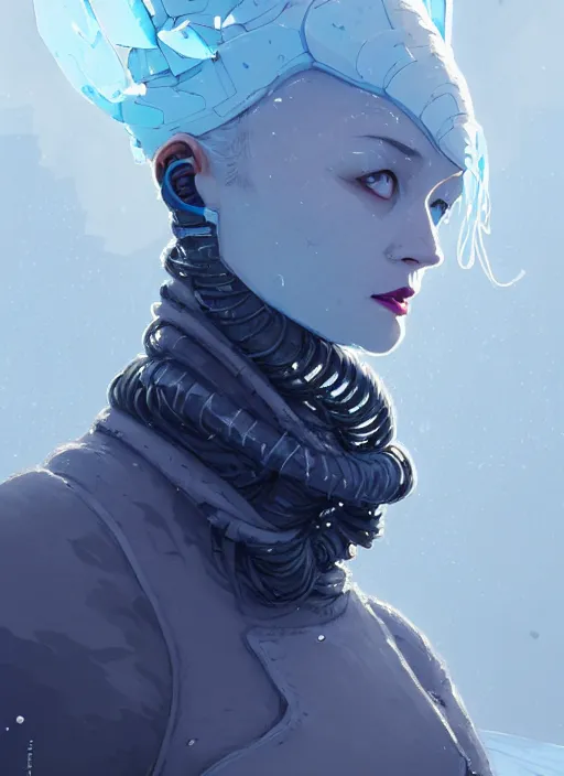 Image similar to highly detailed portrait of wasteland long curly white ice shard hair ninja mask curvy physique lady, stray wiring by atey ghailan, james gilleard, by joe fenton, by greg rutkowski, by greg tocchini, by kaethe butcher, 4 k resolution, gradient blue, cyan, black and white color scheme!!! ( ( snowy glaciated robotic dystopian city background ) )