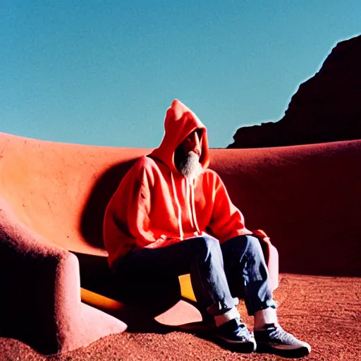 Image similar to a man wearing a salmon hoodie sitting outside a Non-Euclidean orb-like clay house sitting in the desert, vintage photo, beautiful cinematography, blue sky, film grain, James Turrell