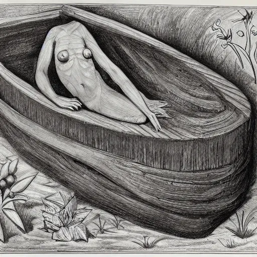 Prompt: botanical drawing of a mermaid buried underground in a coffin cutaway showing below ground and plants above ground