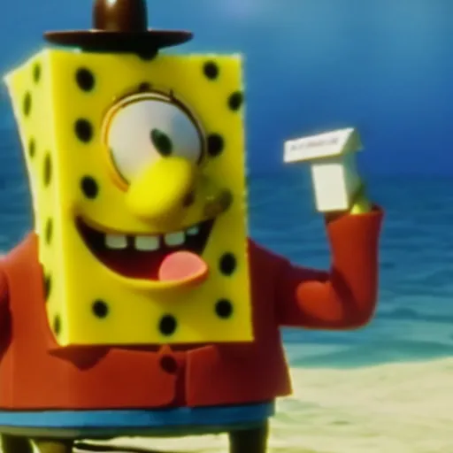 Prompt: mr. bean as spongebob. movie still. cinematic lighting.