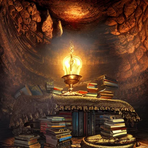 Prompt: epic view of an ancient dark byzantine cave interior, ornate oil lamp on a pile of crystals, books covered in jewels, ornate, surrounded by strange statues and treasure, full of sand and dust, hyper real, Indiana Jones, Tomb Raider, trending on artstation, concept art, cinematic, jewels