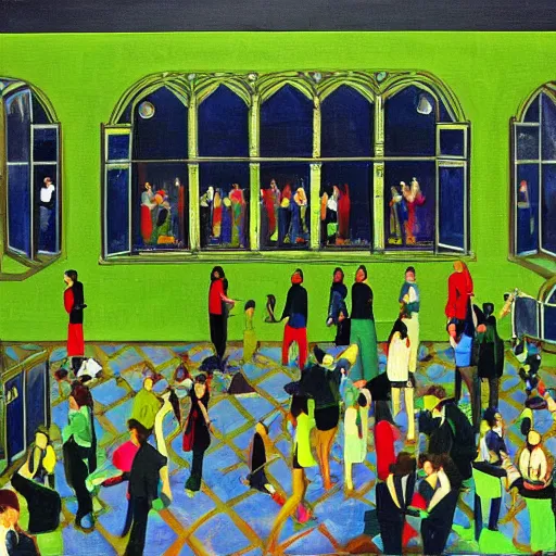 Prompt: A beautiful painting of a large room with many people in it. There is a lot of activity going on, with people talking and moving around. The room is ornately decorated and there is a large window at one end. cyber noir, lime green by Taiyō Matsumoto AWESOME, elegant