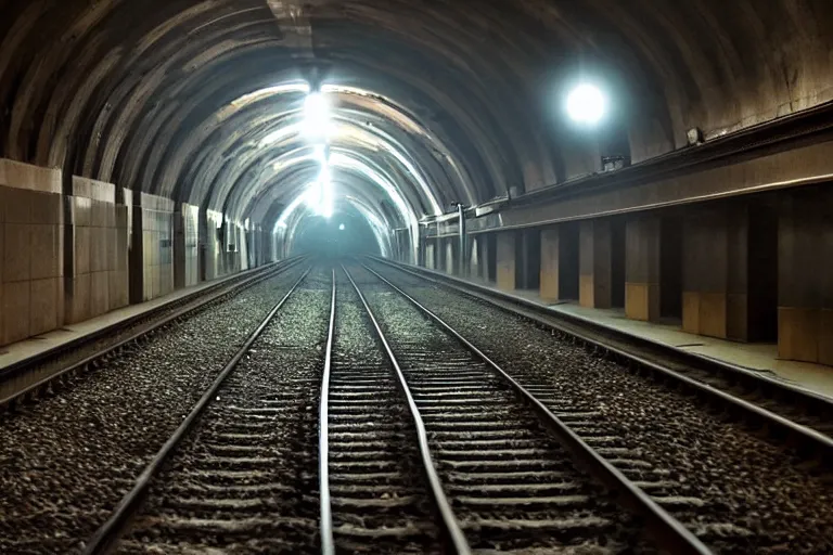 Image similar to very large giant mutant zombie irradiated ( angry rat ) staying on railways in tonnel of moscow subway. giant rat. 4 k, very realistic. extreme long shot, low dark light, scary mood, anish kapoor, herman nitsch.