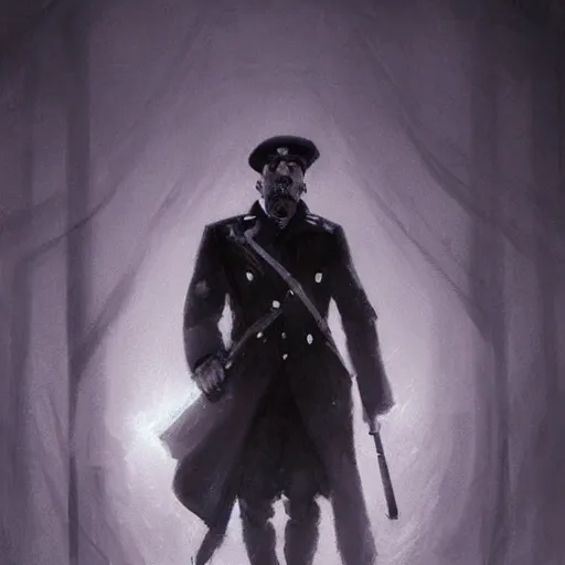 Image similar to scary 1920s soviet policeman, fog, darkness, evil, magic the gathering artwork, D&D, fantasy, cinematic lighting, centered, symmetrical, highly detailed, digital painting, artstation, concept art, smooth, sharp focus, illustration, volumetric lighting, epic Composition, 8k, art by Akihiko Yoshida and Greg Rutkowski and Craig Mullins, oil painting, cgsociety