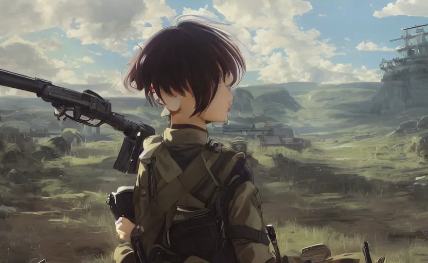 Image similar to panoramic view, girl, soldier clothing, battlefield in background, anime style, short hair, hair down, realistic anatomy, symmetrical facial features, from arknights, hyper realistic, 4 k, extreme detail, detailed drawing, trending artstation, safebooru, pixiv, realistic lighting, by alphonse mucha, greg rutkowski, sharp focus, backlit