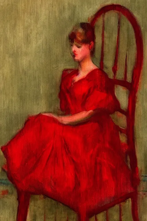 Prompt: a red dress laid across a chair in a dark victorian era room. in the style of american impressionism painting.