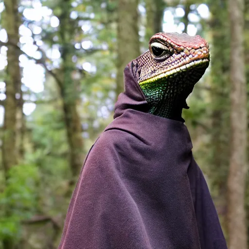 Image similar to medieval cloak wearing anthro lizard, photograph captured in the woods