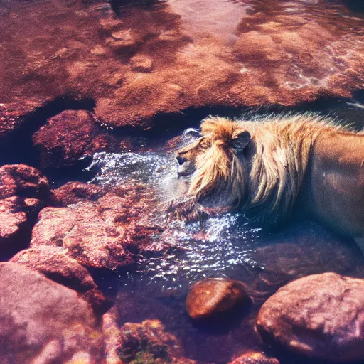 Image similar to photo of lion swimming in river, underwater, cinestill, 8 0 0 t, 3 5 mm, full - hd