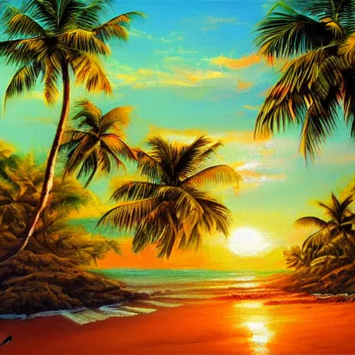 Image similar to A beautiful tropical beach at sunset Oil painting by Jim Warren