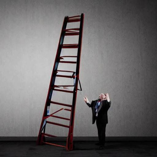 Image similar to a tall ladder falling on a businessman, realistic, 4k
