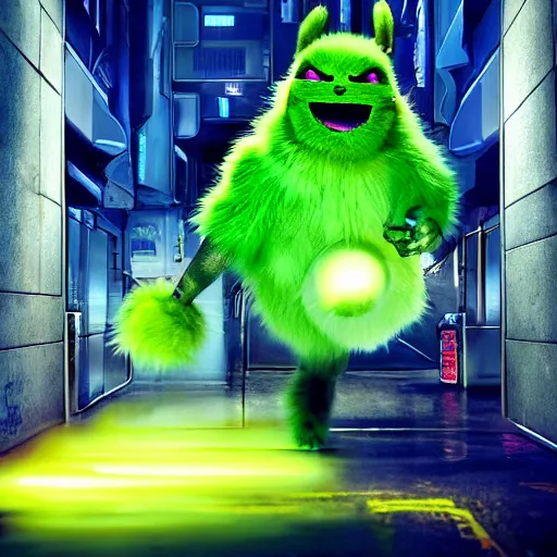 Image similar to high quality 3 d render cyberpunk very tennis ball monster highly detailed, unreal engine cinematic smooth, in the style of blade runner & detective pikachu, basil gogos, chalk, low angle, uhd 8 k, sharp focus, illustrated by basil gogos