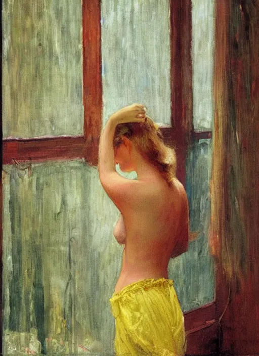 Image similar to A woman looking through a rainy window, raining outside, back view, wide shot, colorful string bikini, modest, 1950s, americana, award-winning, warm colors, by Ilya Repin, deviantart