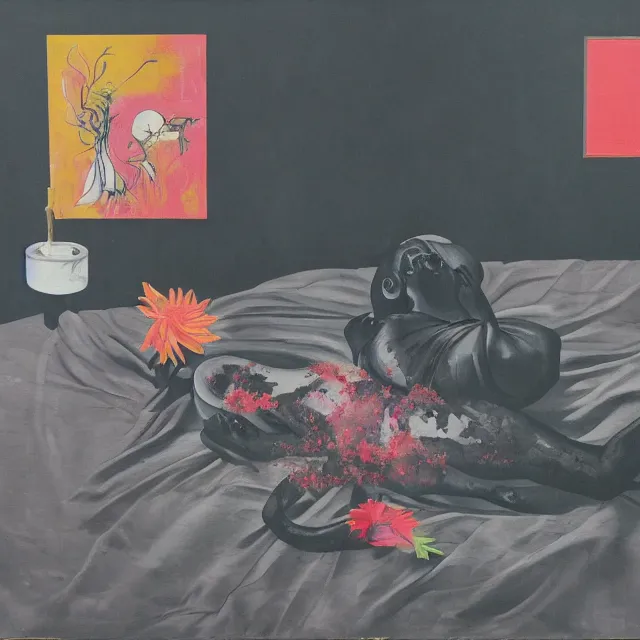 Image similar to empty room with black walls, sensual portrait of a woman sleeping, japanese vase, old flowers, puddle of water, octopus, squashed berries, neo - expressionism, surrealism, acrylic and spray paint and oilstick on canvas