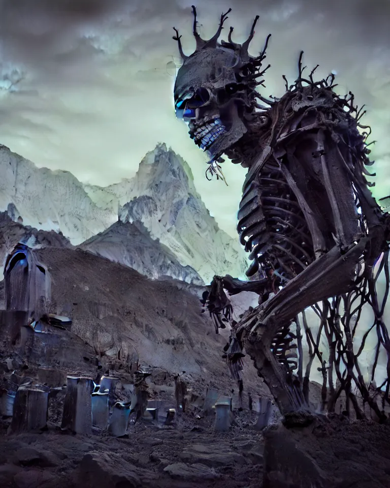 Prompt: a full - face portrait of a giant skeleton overlooking a tombstone mountain, surrealism, rendered in octane, 4 k, concept art, elden ring monster, dark souls