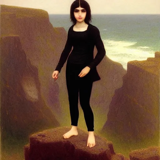 Prompt: 1 7 - year - old pale - skinned persian girl with black long bob cut, long bangs, black gothic jacket, black jeans, psychic girl, standing on cliff along the irish coast, overcast gray skies, ultra - realistic, sharp details, cold lighting, intricate details, art by william - adolphe bouguereau