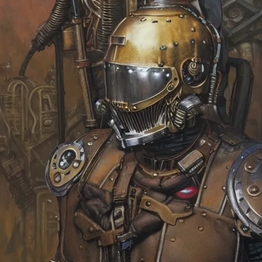 Image similar to the doomslayer as a steampunk knight, realistic closeup portrait art by norman rockwell and donato giancola and greg rutkowski, a - symmetrical