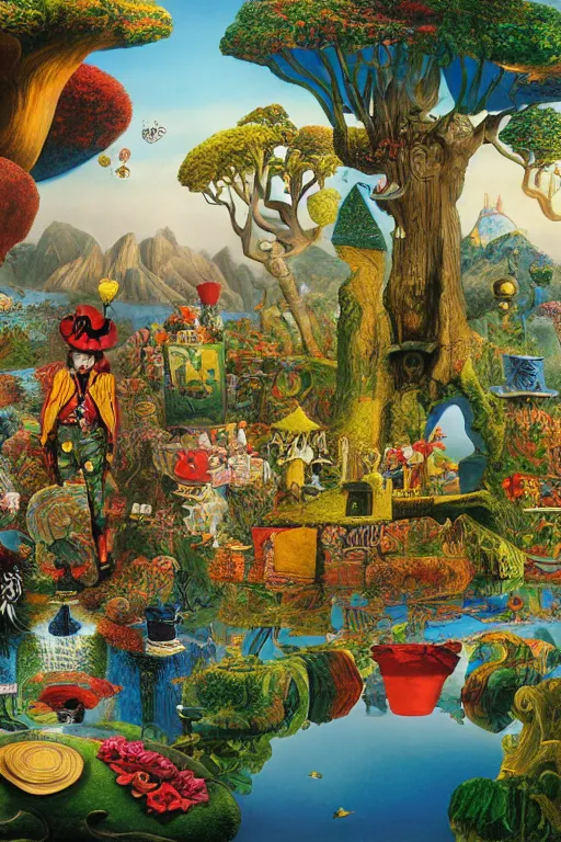 Prompt: the mad hatter in a magical realism landscape in wonderland by jacek yerka and salvador dali, detailed matte painting, 8 k resolution