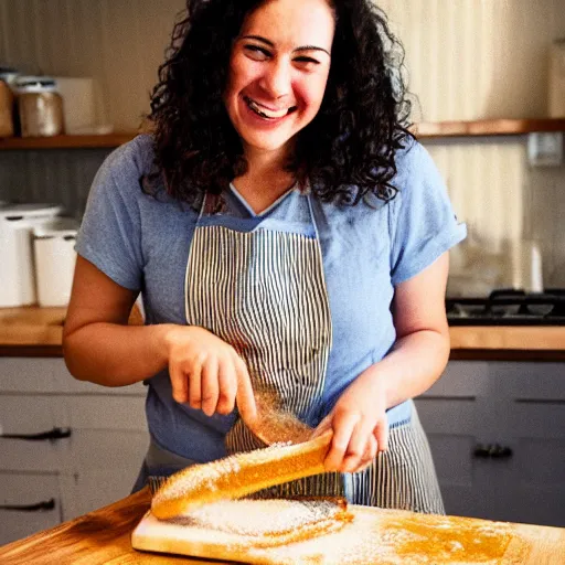 Image similar to modern oil painting of a happy woman with dark curly hair making sourdough in a bright kitchen