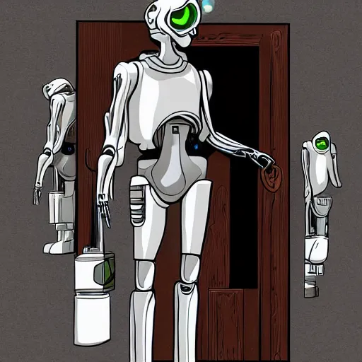 Prompt: an android wearing a white trench coat with 6 arms sticking out of each side, looking out of a doorway. four arms have lazer guns, one has a rifle, and one has a broken piece of a door. dramatic digital art.