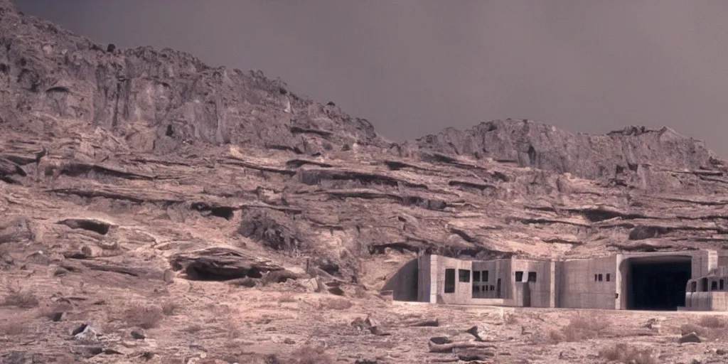 Prompt: sci - fi corporate headquarter building near a mining cave on a desolate mining planet, dark and beige atmosphere, 1 9 8 0 s science fiction film screenshot, film still, dark science fiction, ridley scott,