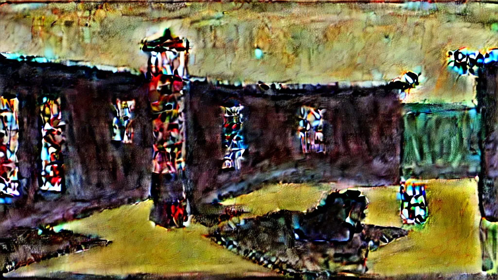 Image similar to a chinese prison near a river by peter doig, muted colors