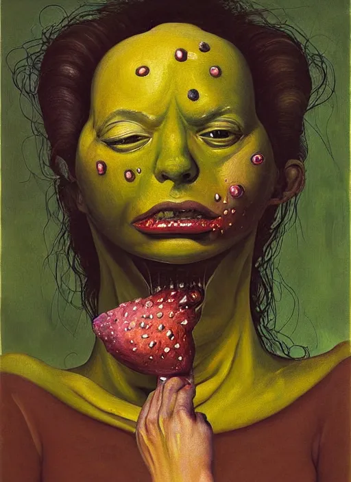 Image similar to Oil painting - She Eats of the Strangling Fruit and Her gossamer polyp blossoms bring iridescent fungal flowers whose spores black the foolish stars by Lucian Freud and Jenny Saville, Abstract brush strokes, Masterpiece, Edward Hopper and James Gilleard, Zdzislaw Beksinski, Mark Ryden, Wolfgang Lettl highly detailed, hints of Yayoi Kasuma