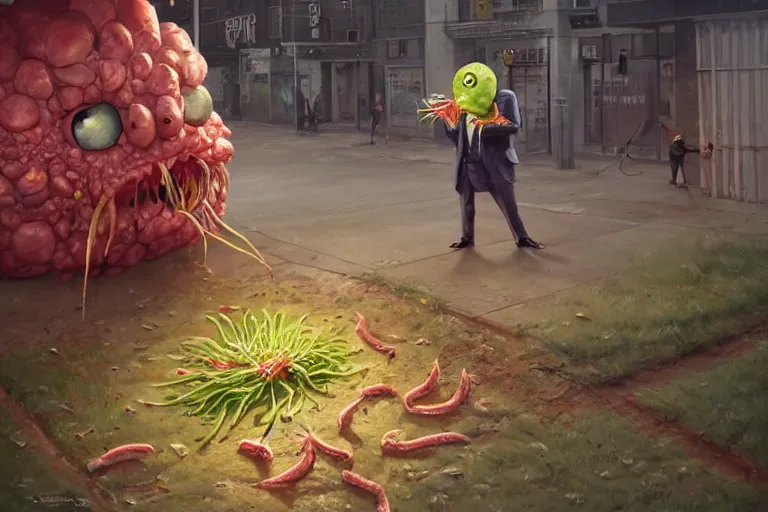 Image similar to anthropomorphic raw onion monster eating tony abbott on the campaign trail, painted by paul youll and marc simonetti, trending on artstation, dramatic lighting isometric view street art, crayon art, tilt - shift, final, remodernism