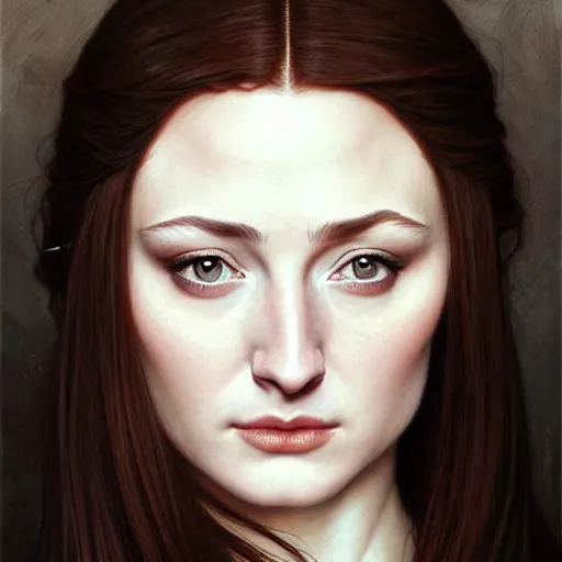 Image similar to portrait of a beautiful sansa stark, pale skin, female with long black hair, dark, piercing eyes, gentle expression, elegant clothing, photorealistic, highly detailed, artstation, smooth, sharp focus, art by michael whelan, artgerm, greg rutkowski and alphonse mucha