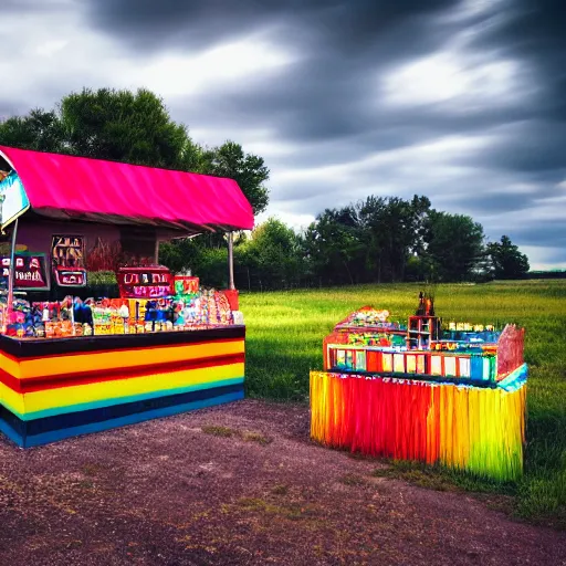 Image similar to colorful ( pop rock candy ), fruit stand on the side of a serene country dirt road, dramatic color, hdr, partly cloudy, 8 k, 4 k, trending on artstation cgsociety, octane ue 5