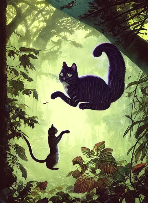 Prompt: a hyper realistic ink cat alien technology and sunbeams blue sky, lush forest foliage painting by chiara bautista and norman rockwell and greg rutkowski weta studio, and lucasfilm