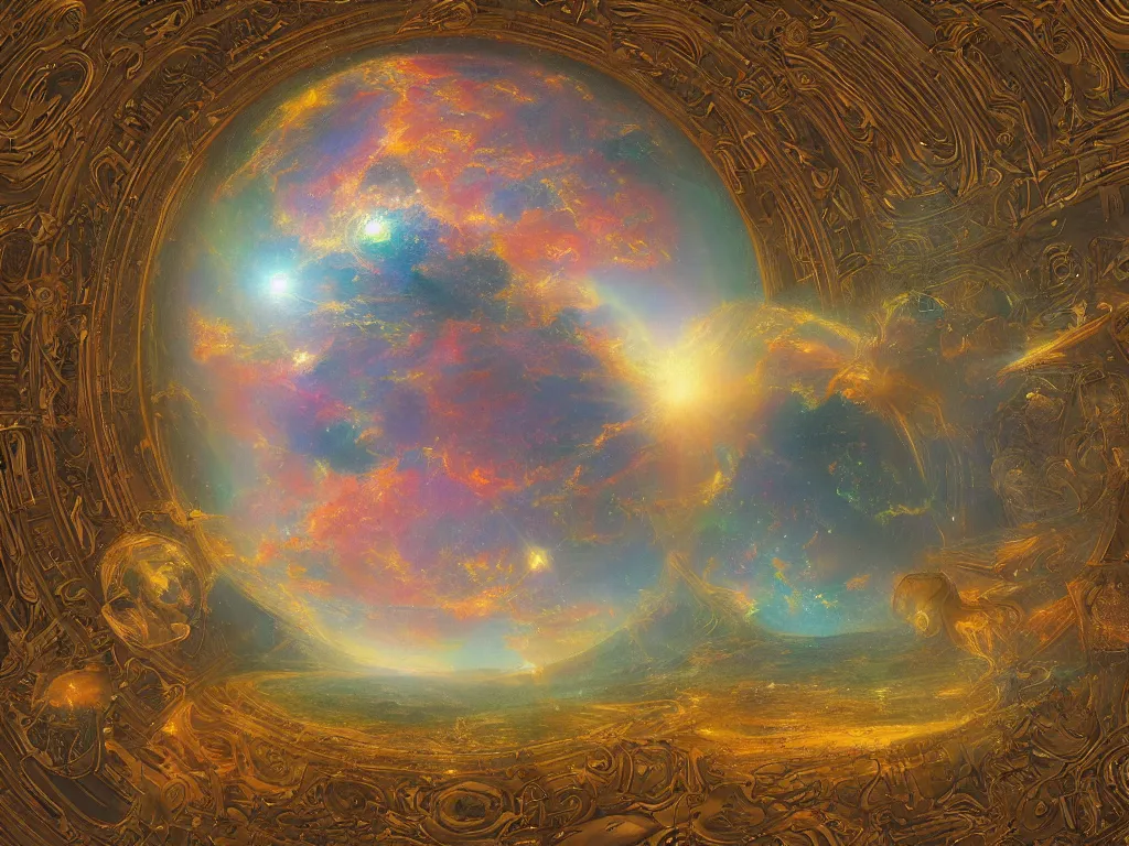 Image similar to The universe is a spheroid region 705 meters in diameter, 3d render, Sunlight Study, by Frederic Edwin Church!!! and ((((Lisa Frank)))), Art Nouveau, 8k, extreme detail, sharp focus, octane render