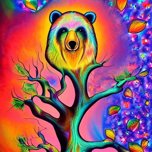 Prompt: a painting of a bear in a tree, an airbrush painting by lisa frank, trending on deviantart, psychedelic art, detailed painting, airbrush art, acrylic art