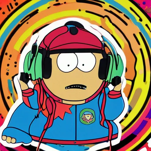 Image similar to svg sticker of a Dancing-Eric-Cartman-Southpark, at a rave, spinning records, giant headphones rocking out, wearing headphones, huge speakers, dancing, rave, DJ, spinning records, digital art, amazing composition, rule-of-thirds, award-winning, trending on artstation, featured on deviantart