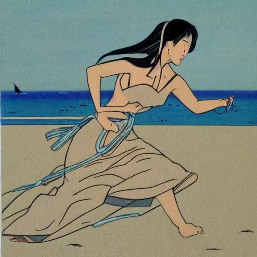 Prompt: Beautiful Japanese woman running from an old samurai on the beach Toshio Saeki, high detailed, artstation trending