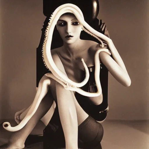 Prompt: A portrait of a beautiful cyberpunk girl with octopus, by Man Ray and Helmut Newton, fine art