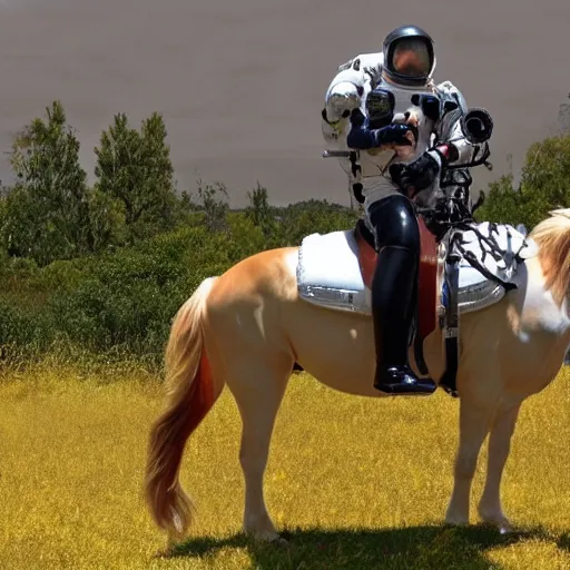 Image similar to the horse is saddled with an astronaut and rides it into space